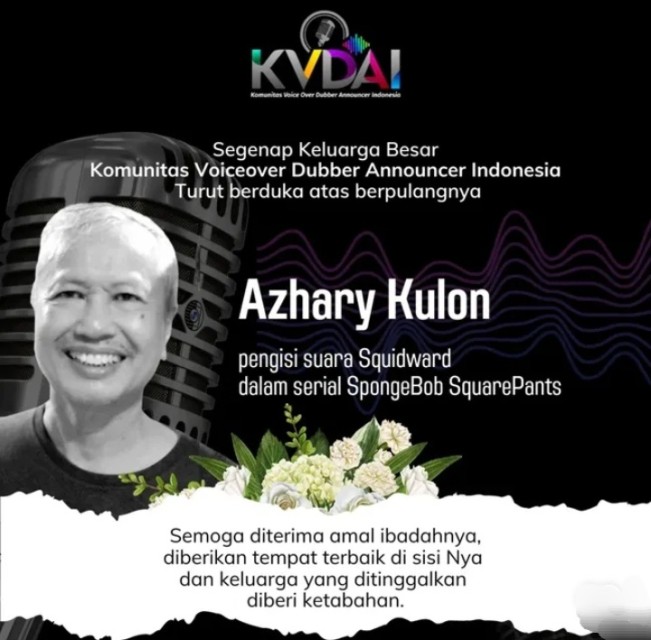 Ucapan belasngkawa kepada Azhary Kulon dari Keluarga Besar Komunitas Voiceover Dubber Announcer Indonesia. [Instagram]